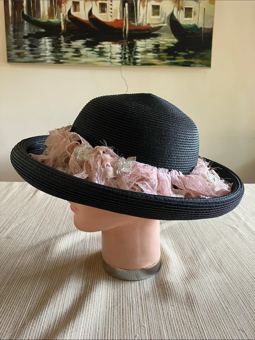 Chic Black Wide-Brim Hat with Pink Lace Trim and White Sequined Floral Accents